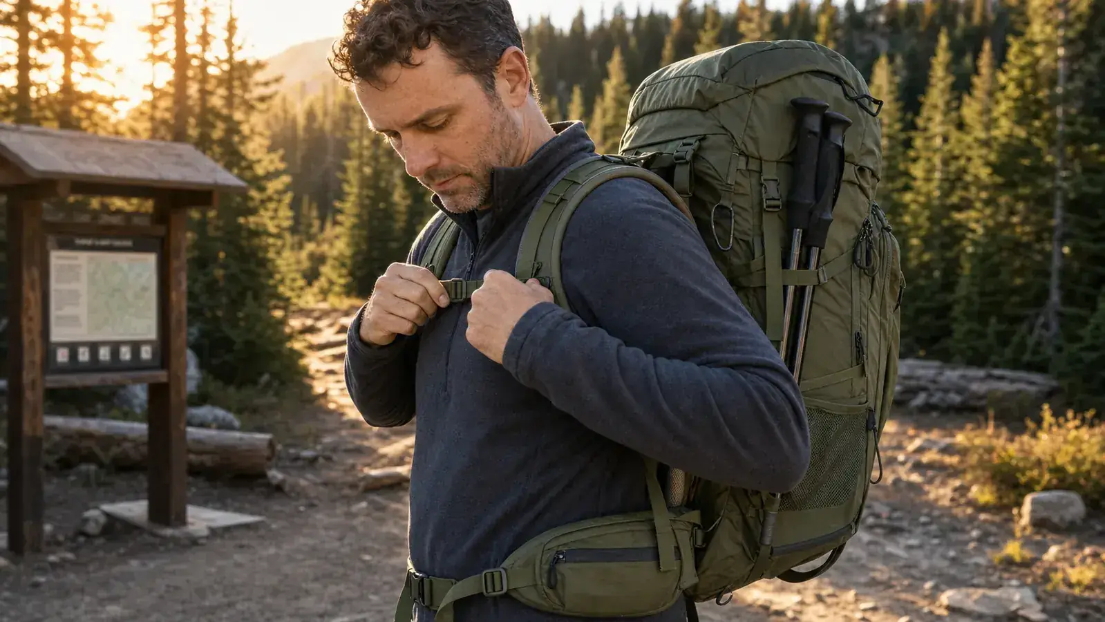 Loowoko 50L backpack open on a picnic table with camping gear laid out beside it