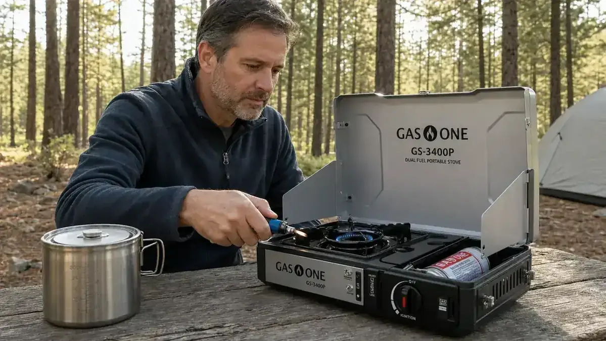 Hand connecting a green propane canister to the Gas One GS-3400P stove at a campsite