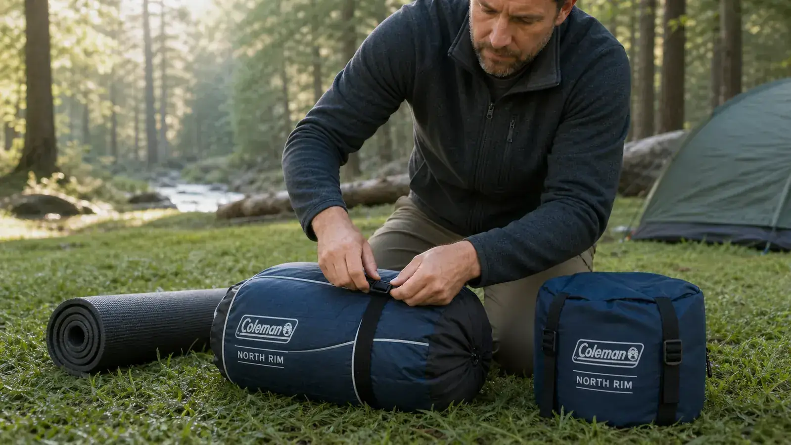 Hands unrolling a Coleman North Rim mummy sleeping bag on a sleeping pad inside a tent