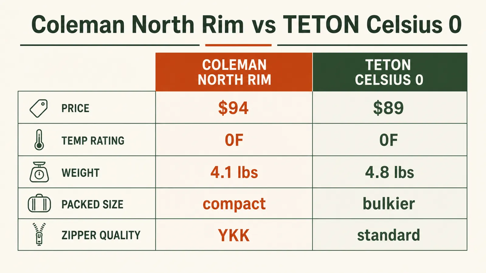 Chart comparing Coleman North Rim versus Teton Celsius specs including temperature rating, weight, packed size, and hood design