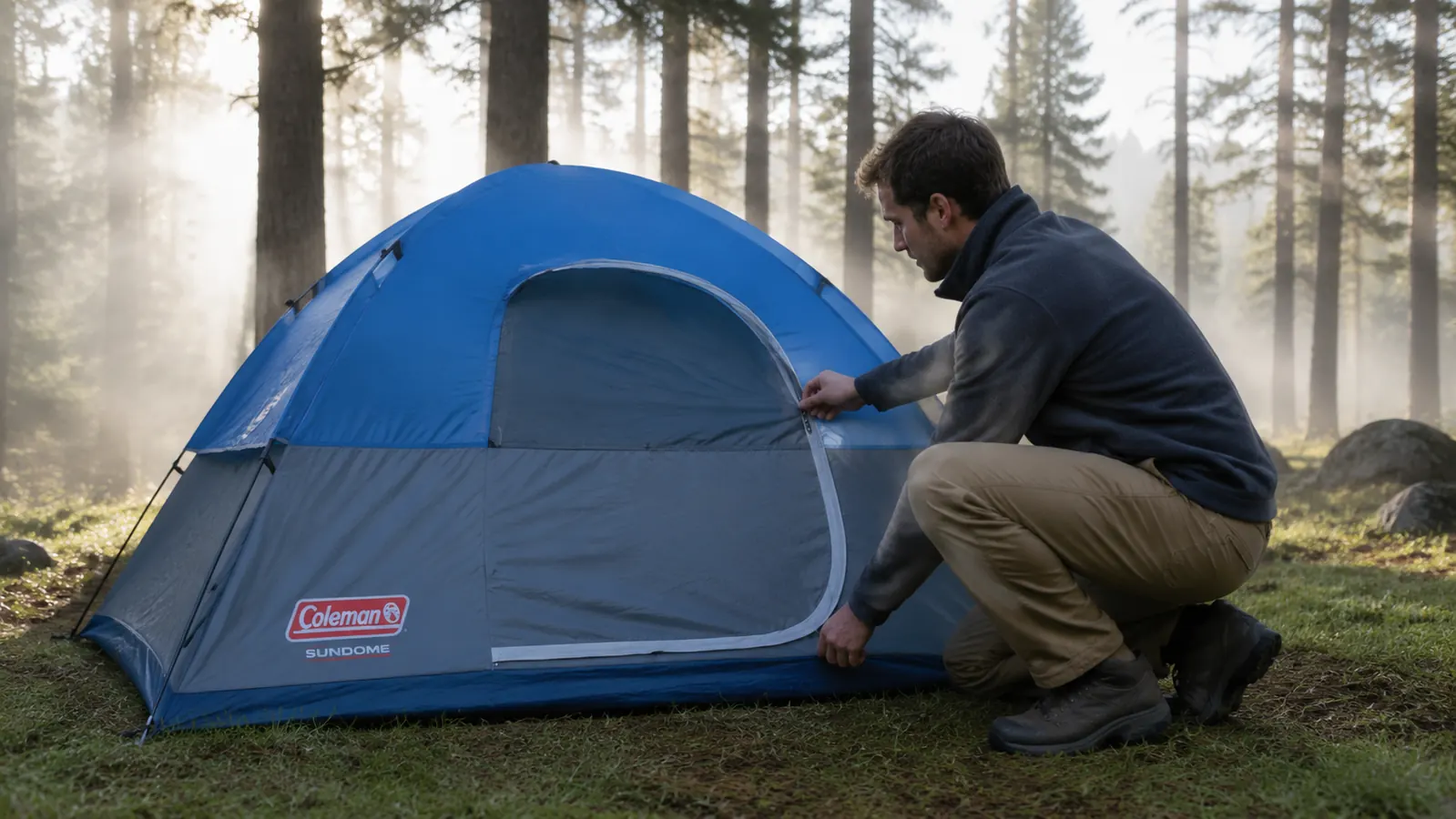 Coleman Sundome packed into its carry bag sitting next to a full-size camping backpack for scale