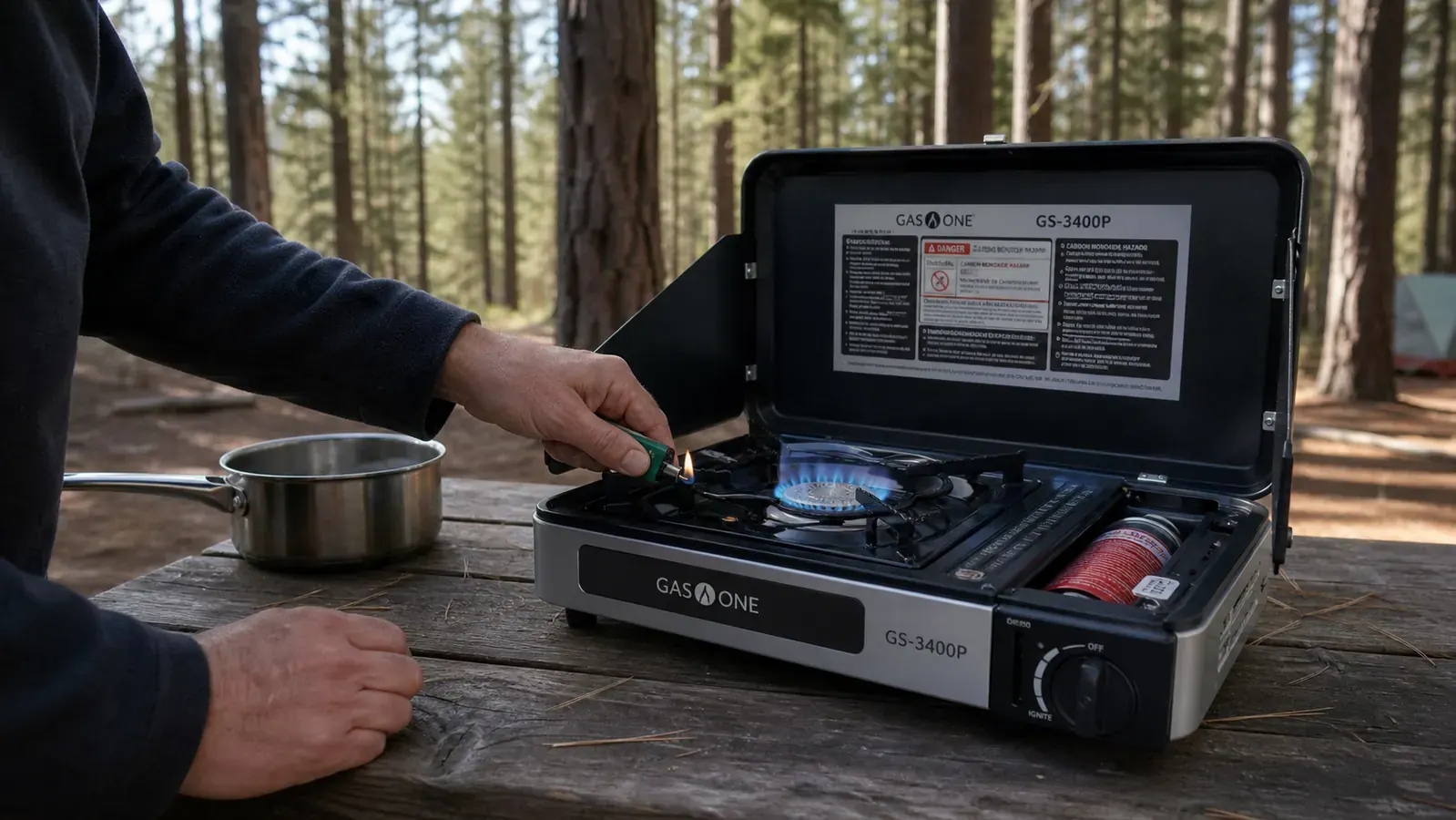 Gas One GS-3400P stove being used to simmer a small pot of chili at low flame, blue flame ring visible