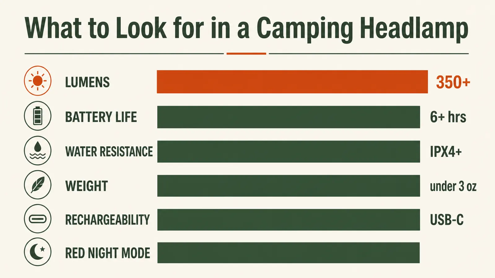 Chart comparing lumen output, runtime, and weight across three headlamp tiers: budget, mid-range, and premium