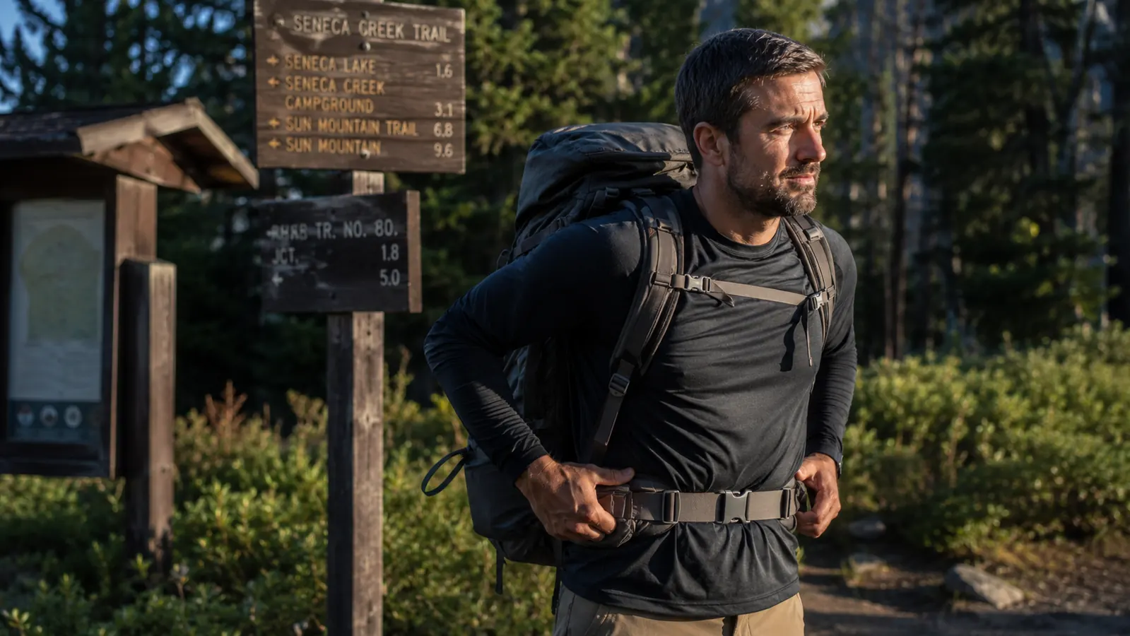 Hiker with large backpack walking a narrow forest trail, posture upright, pack riding close to back