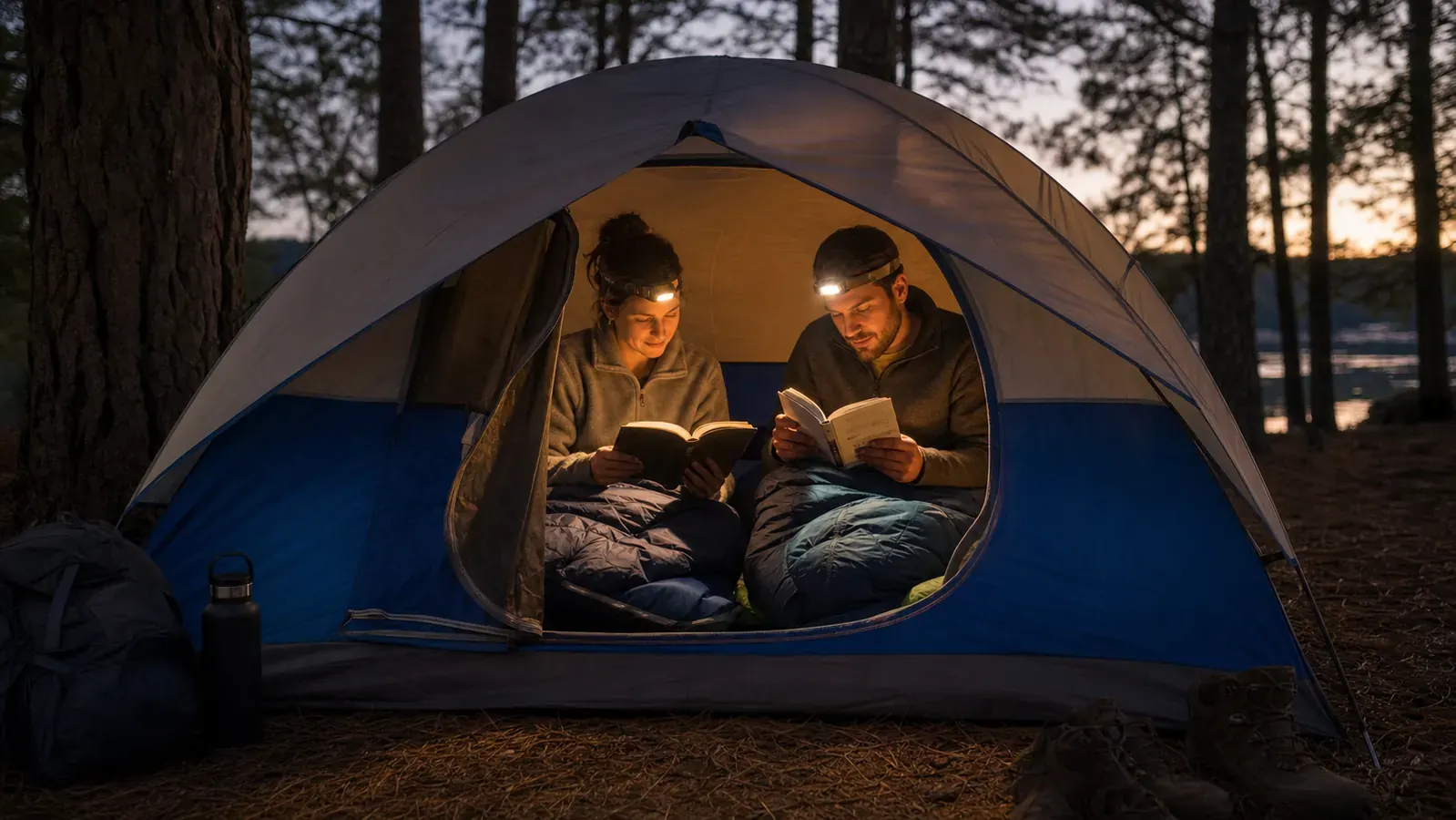Coleman Sundome tent fully pitched with rainfly on at a campsite, chairs and fire ring visible