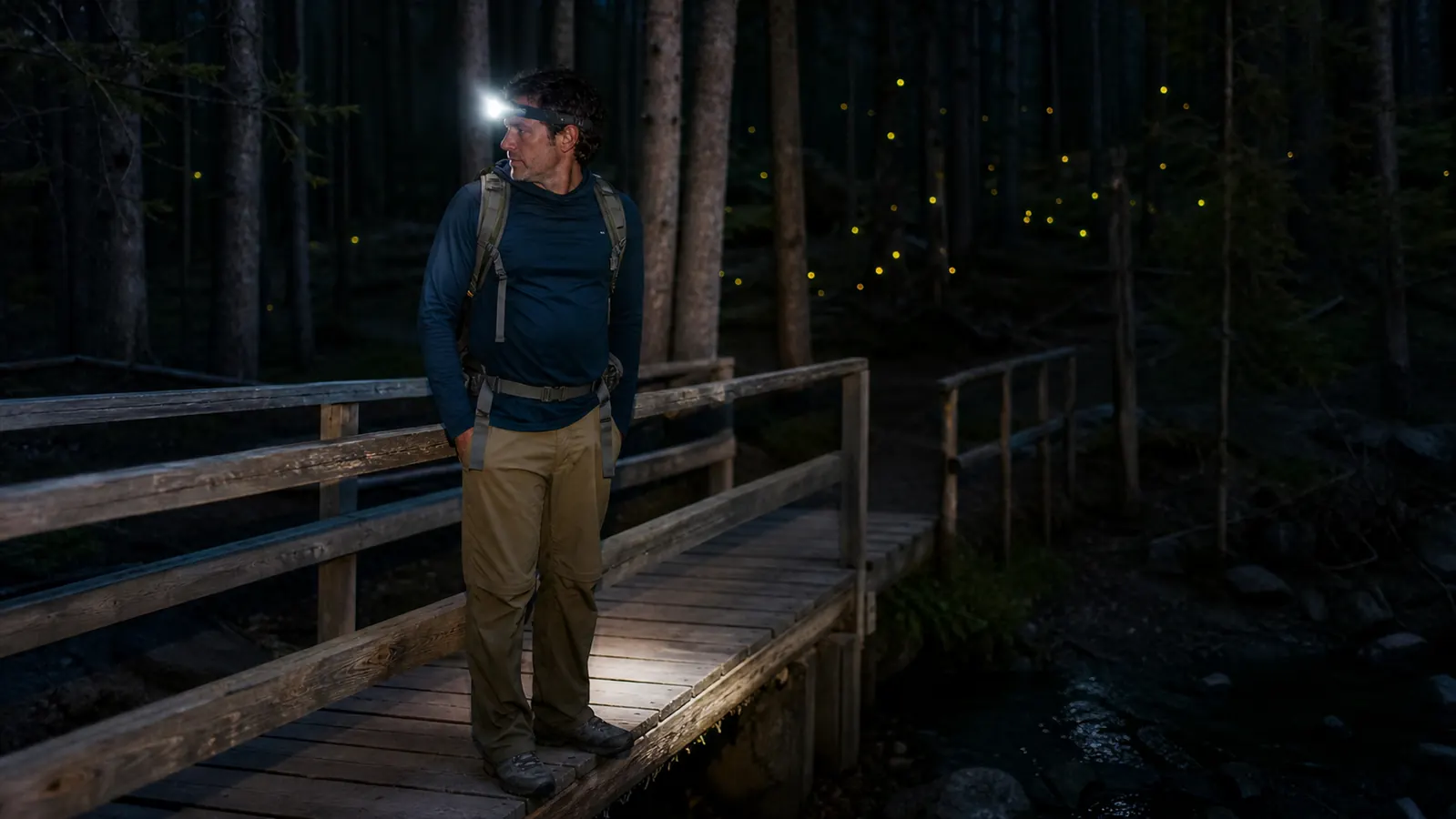 Man studying a trail map by headlamp light at a campsite picnic table at night