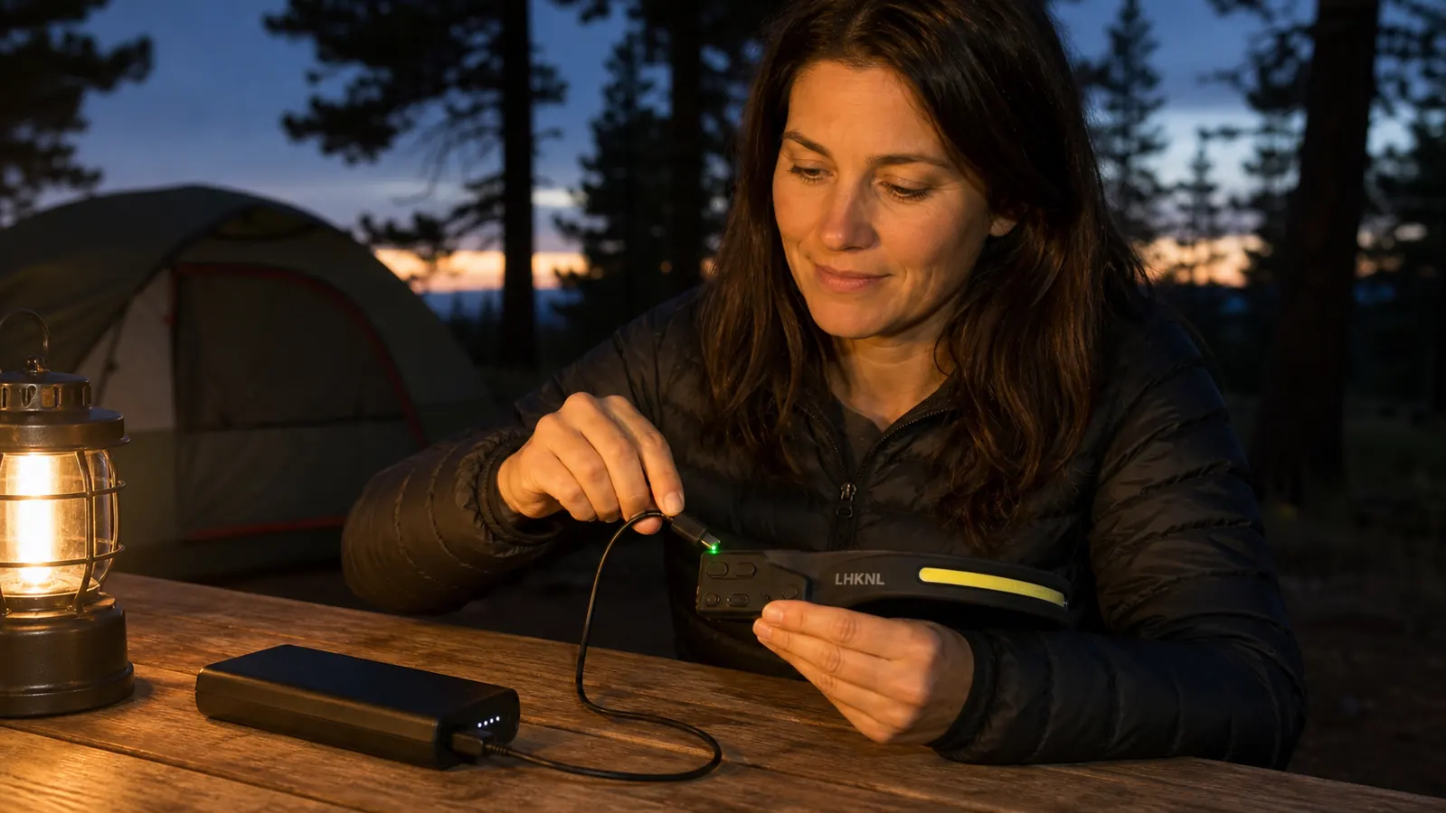 Camper wearing the LHKNL headlamp while reading a map at a campsite picnic table at night