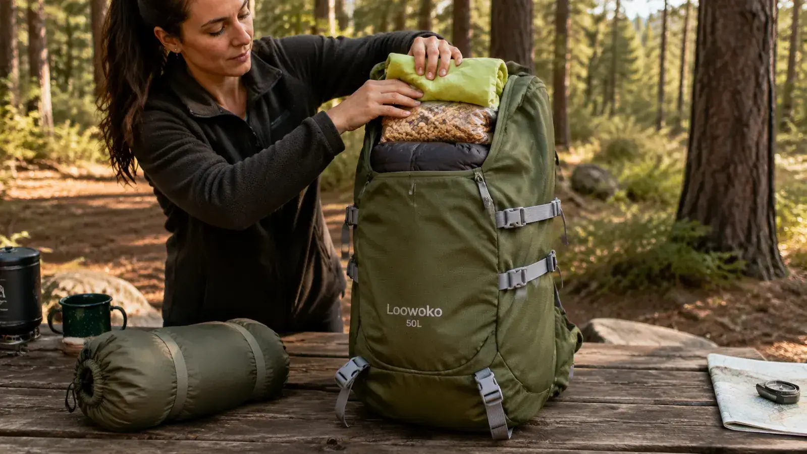 Man tightening the hip belt of the Loowoko 50L backpack before a trail departure, gear visible through open top