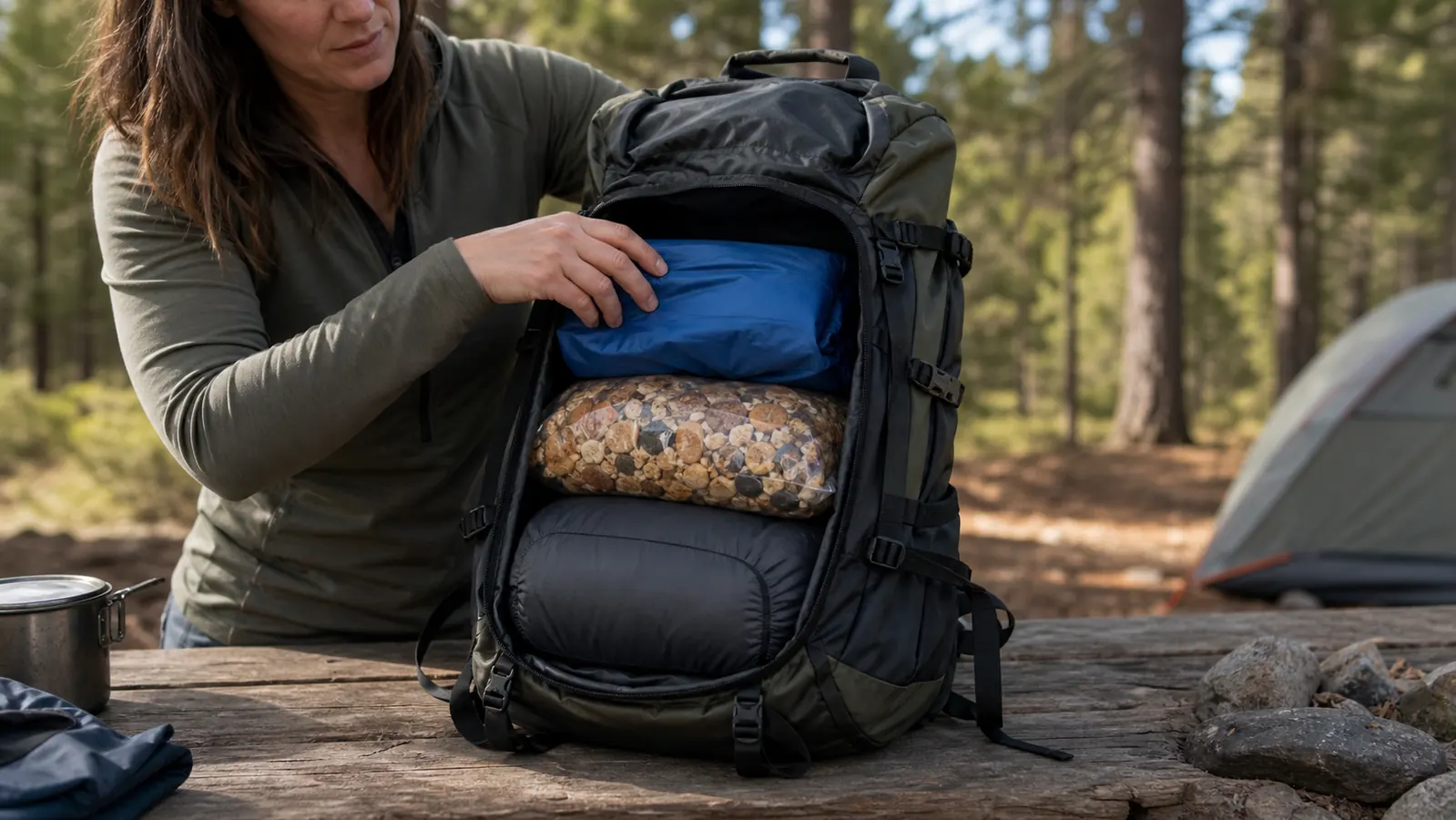 Loowoko 50L hiking backpack being loaded with camping gear on a picnic table