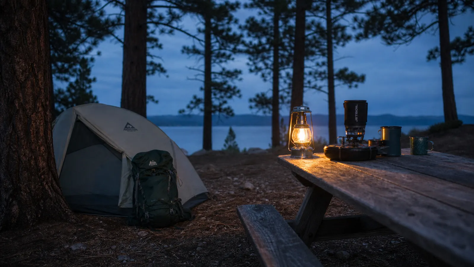 Camp setup at dusk with a tent pitched and a backpack propped against a tree, firelight glow